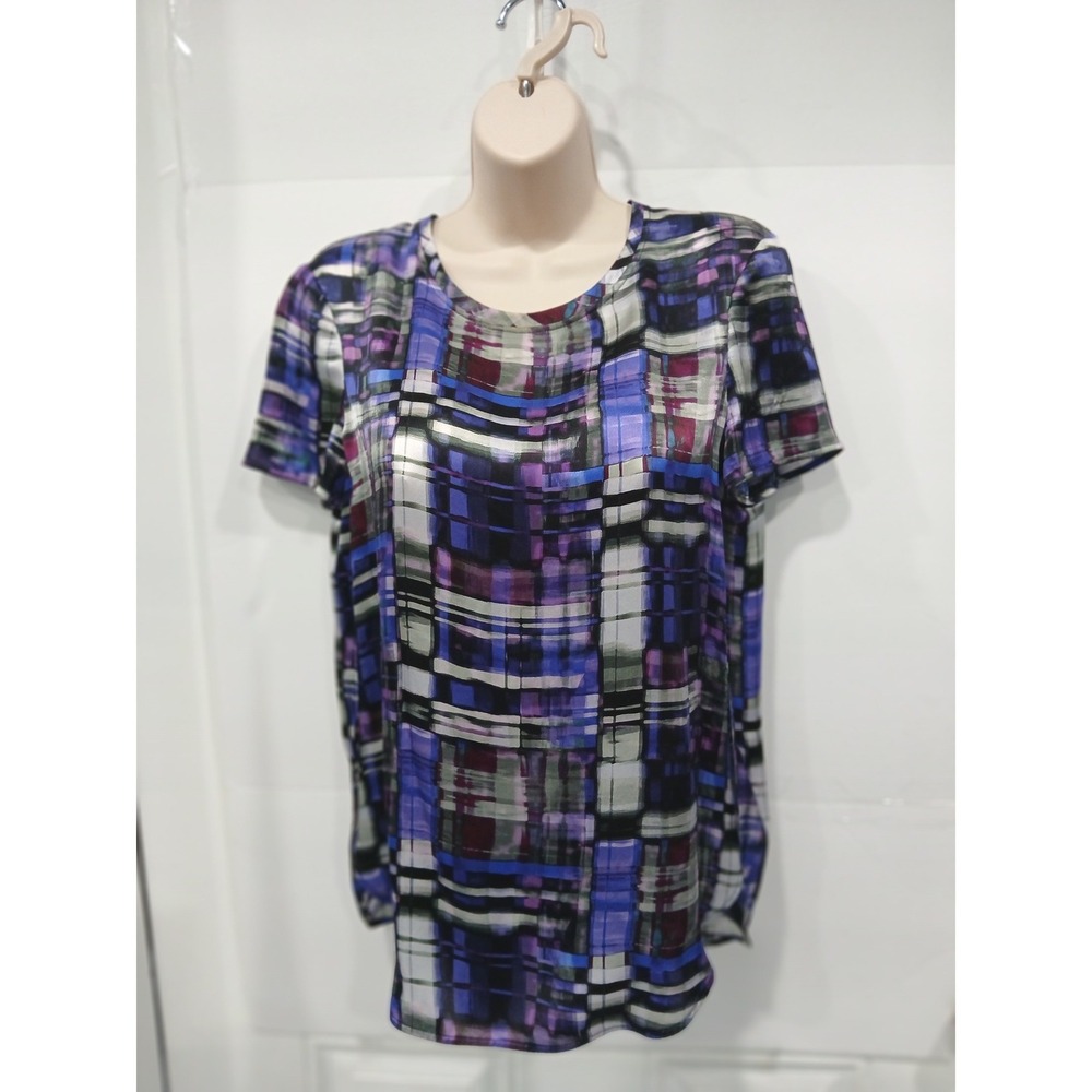 Armani Collezioni Purple Blue Abstract Plaid Silky Short Sleeve Blouse Sz 2